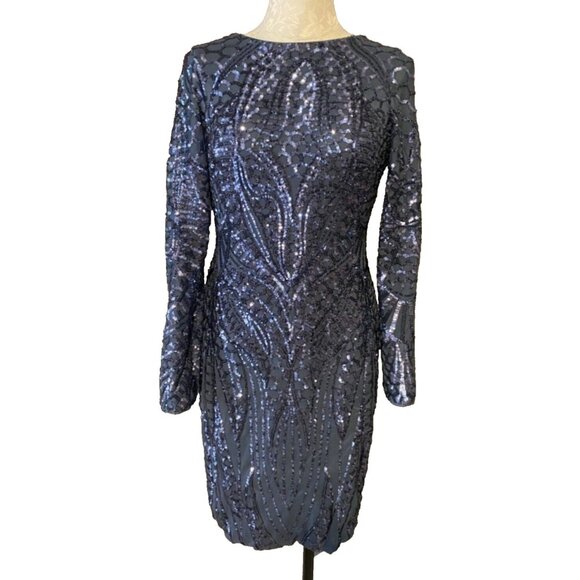 NW NightWay Party Dress Blue 8 Low Back Long Sleeve Sequin Sheath Low Back w Bra - Picture 1 of 6